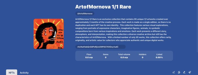 In the image, there is a computer screen displaying a webpage with information about an Art ofMornova collection. The title of the webpage states "ArtOfMornova 1/1 Rare", indicating that this collection contains 95 unique artworks. The website also mentions the activity status as "Active" and that it has been approved for purchase. Additionally, there is a person's head image displayed on the screen, suggesting some sort of artistic theme related to the Art Enthusiast genre or niche being promoted by this particular webpage.