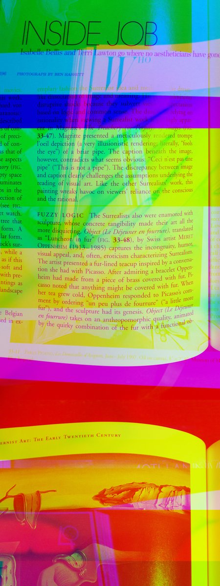 An article titled 'INSIDE JOB' by Isabelle Bechis and Terry Lawton, photographed by Ben Barnewitz, discussing Surrealist art including Magritte's 'The False Mirror' (33-47) and Meret Oppenheim's 'Object (Le Déjeuner en fourrure)' (19, 33-48).