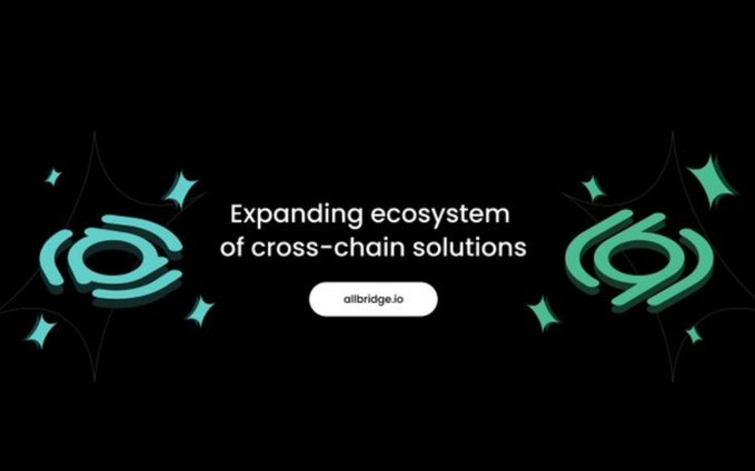 Promotional graphic for allbridge.io featuring teal chain-link logos on a black background with the text 'Expanding ecosystem of cross-chain solutions'.