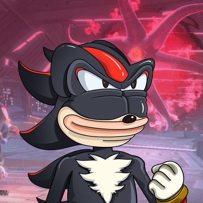 A digital illustration of an arcade-style Shadow the Hedgehog character (rebranded as "Arcade Pepe") with a smug expression, set against a dark, red-lit industrial background, aligning with the NFT collection being discussed in the post.