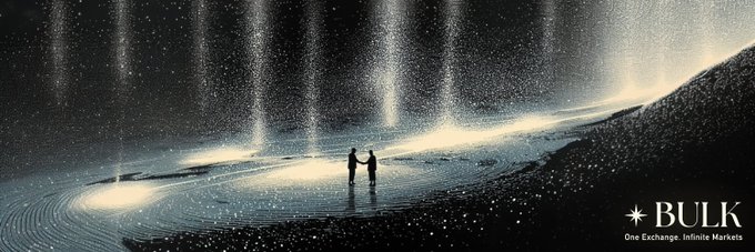 A dark, atmospheric promotional banner for "BULK" displaying the tagline "One Exchange. Infinite Markets," featuring two silhouetted figures standing amid falling particles of light.