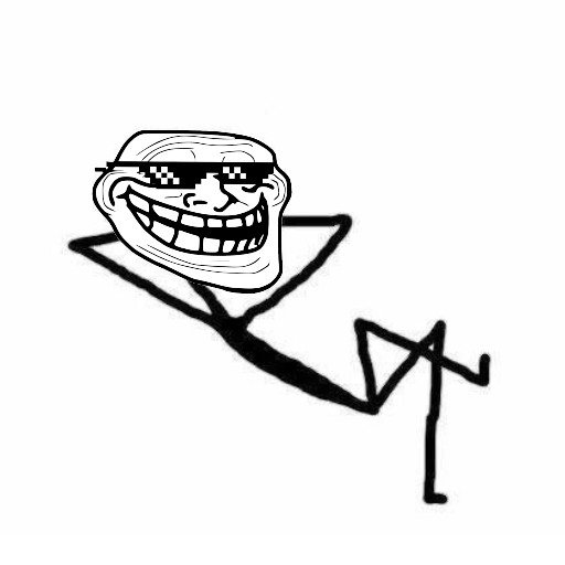A black-and-white 'Trollface' meme character wearing pixelated 'deal with it' sunglasses and a wide grin is crudely drawn on a white background.