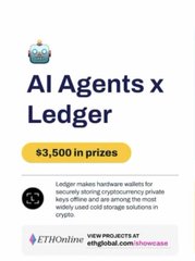 A promotional graphic for 'AI Agents x Ledger' featuring $3,500 in prizes, mentioning Ledger hardware wallets and ETHGlobal ($ETH).