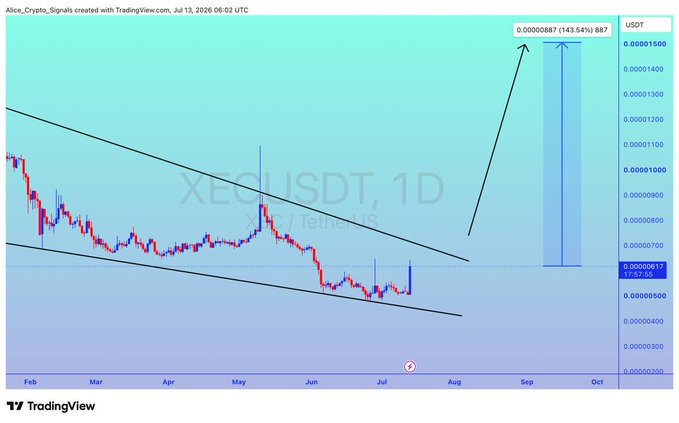 A TradingView daily chart for XECUSDT shows the cryptocurrency trading within a descending channel, with an annotation projecting a breakout to 0.00000887 USDT, representing a 143.54% gain from the current price of 0.00000617 USDT, supporting the post's claim of an anticipated 100%+ rally.