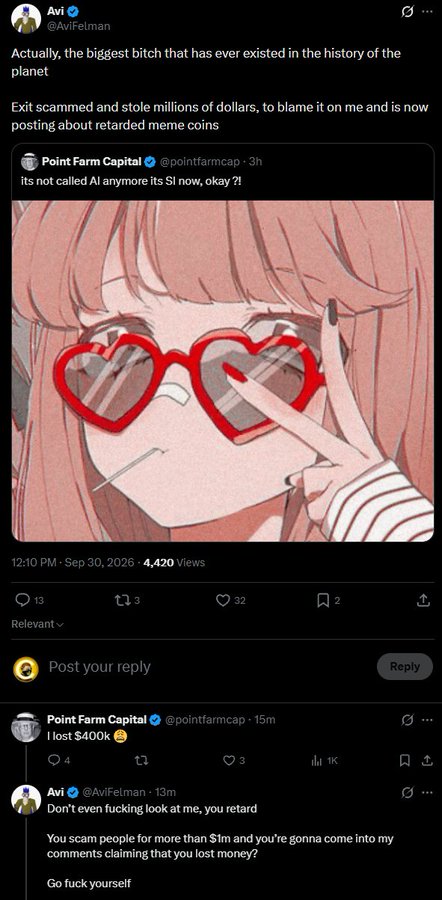 Screenshot of an X (Twitter) thread where user @AvivFelman accuses someone of scamming, quoting @pointfarmcap's tweet 'its not called AI anymore its SI now, okay?!' over an anime image of a girl with heart-shaped glasses, followed by an angry exchange.
