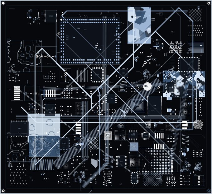 An abstract dark background filled with intricate, technical line art resembling a complex circuit board or schematic diagram with geometric shapes and patterns in white and blue.