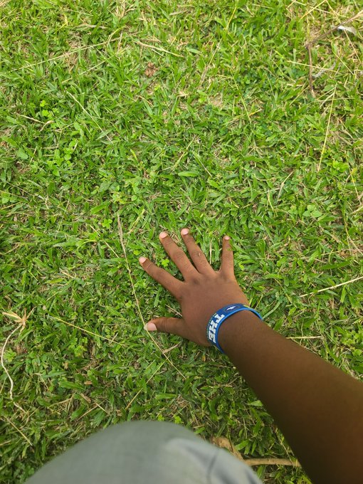 A close-up photograph of a person's hand resting on a patch of green grass, wearing a blue wristband with the word 'START' visible on it.