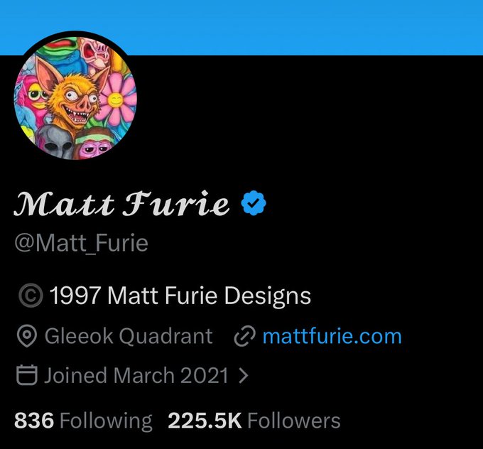 Screenshot of Matt Furie's (@Matt_Furie) Twitter/X profile, showing 225.5K followers, 836 following, joined March 2021, with a colorful creature-themed avatar. The caption pairs with the post "now unfollowed? yeah rip," humorously suggesting the user has dropped one of the 836 accounts Furie followed.