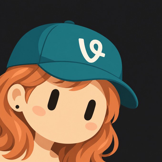 A minimalist cartoon-style portrait of a girl with orange hair, rosy cheeks, and a teal baseball cap bearing a white logo, set against a dark background.
