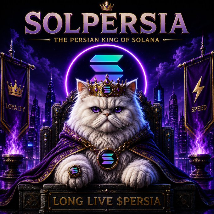 A regal white Persian cat wearing a golden crown and purple cape, sitting on a throne with the text 'SOLPERSIA - THE PERSIAN KING OF SOLANA' and 'LONG LIVE $PERSIA', flanked by banners reading 'LOYALTY' and 'SPEED' against a purple neon cityscape.