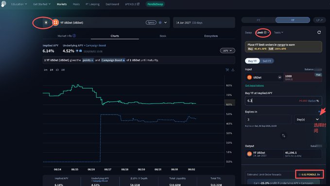 A Pendle Finance interface shows a YT USDe market with a chart, displaying options to swap and add liquidity, with annotations in Chinese pointing to specific features.