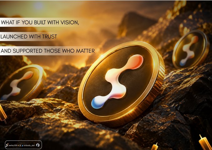 A promotional graphic featuring gold cryptocurrency coins with the XRP logo on a rocky terrain, with text reading 'WHAT IF YOU BUILT WITH VISION, LAUNCHED WITH TRUST AND SUPPORTED THOSE WHO MATTER' and a handle '@xvalidator_X'.