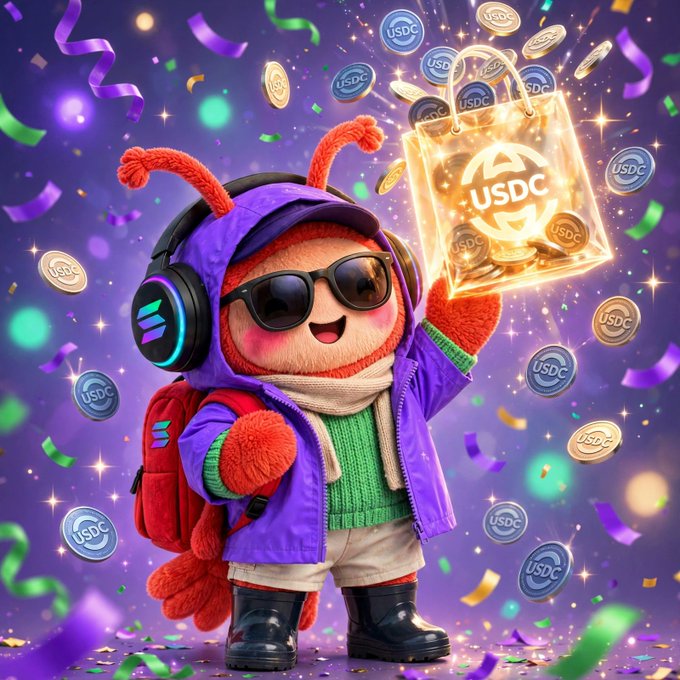 A cartoon bug character wearing sunglasses, headphones, and a purple hoodie holds a glowing USDC-branded bag surrounded by floating USDC coins and confetti.