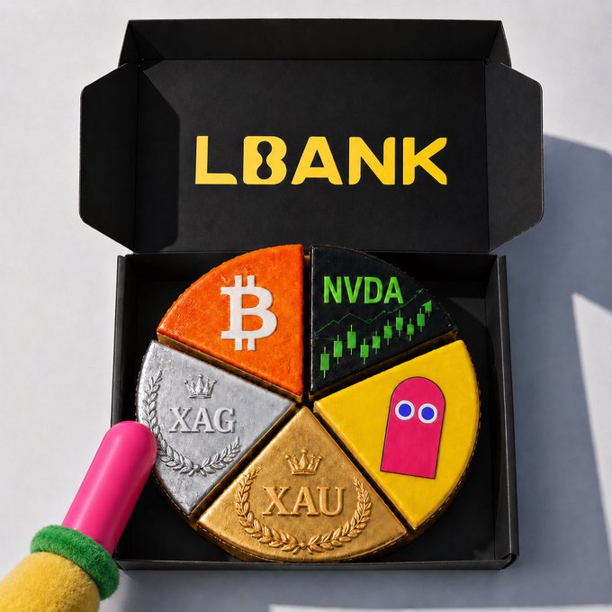 The image features a box containing six slices of cake, each representing a different cryptocurrency symbol or market. The box is open, revealing the various slices inside. There are three slices with Bitcoin symbols, one slice with NDA, another with XAU, and the last one with XAG. A person's hand can be seen on the left side of the image, possibly indicating that they are about to pick a slice from the box or have just picked it up. The post suggests exploring different markets through these slices, which could include Bitcoin, NDA, XAU, and XAG.