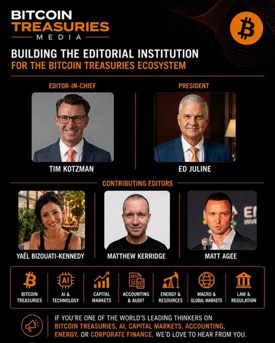 A promotional graphic for 'Bitcoin Treasuries Media' introduces the editorial team, listing Editor-in-Chief Tim Kotzman, President Ed Juline, and Contributing Editors Yaël Bizouati-Kennedy, Matthew Kerridge, and Matt Agee, with icons highlighting focus areas like Bitcoin Treasuries, AI & Technology, Capital Markets, and more.