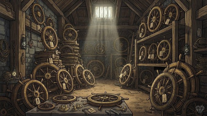 A dimly lit wooden storeroom is filled with dozens of large ship wheels, each adorned with a small paper tag hanging from its handle. Sunlight streams through a high window, illuminating the dusty air and the intricate details of the wheels waiting to be claimed, fitting the caption's suggestion that each piece is patiently awaiting its name.