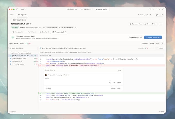 A GitHub pull request page titled 'refactor github ui #119' showing file changes in 'github-workspace.tsx' with code modifications and a 'Squash and merge' button.