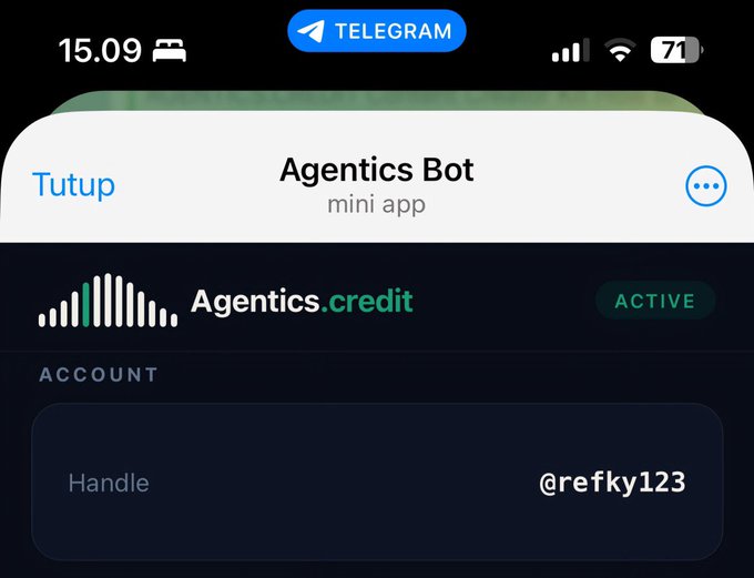 A smartphone screenshot of Telegram showing a mini app for 'Agentics Bot', featuring an 'Agentics.credit' section marked 'ACTIVE' and an account handle '@refky123'.