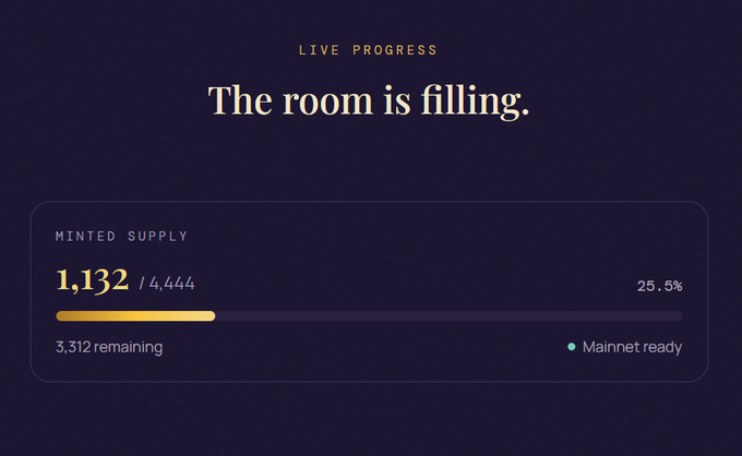 A live progress tracker shows "The room is filling" with 1,132 / 4,444 minted (25.5%), 3,312 remaining, and Mainnet ready.