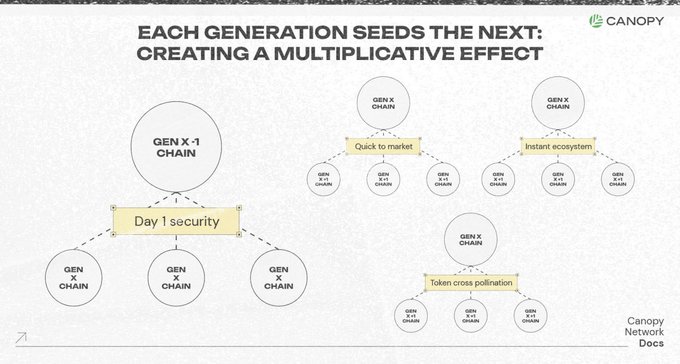 A Canopy Network diagram titled 'EACH GENERATION SEEDS THE NEXT: CREATING A MULTIPLICATIVE EFFECT' showing a hierarchical structure with GEN X.1 CHAIN branches including Day 1 security, Quick to market, Instant ecosystem, and Token cross pollination.
