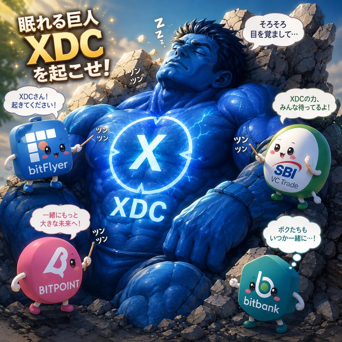 A sleeping blue giant labeled "XDC" lies among rocks while four mascot characters representing Japanese exchanges—bitFlyer, SBI VC Trade, BITPOINT, and bitbank—tap him awake with drumsticks and speech bubbles, illustrating how the collaboration of these platforms is set to awaken XDC accessibility for Japanese users.