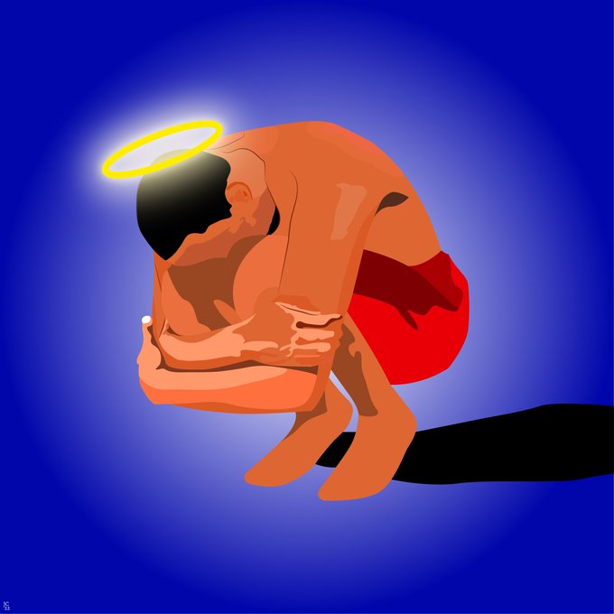 A digital illustration of a hunched, shirtless figure wearing red shorts with a glowing yellow halo above their head, set against a deep blue background.