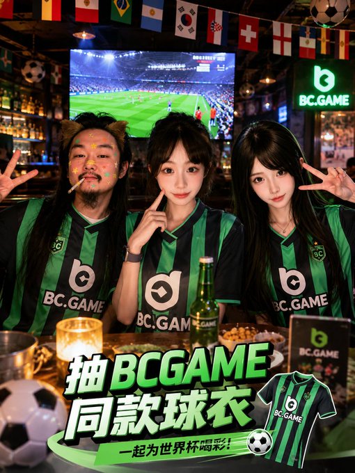 The image features three people wearing BCGAMES jerseys with a soccer ball in the background. The text "World Cup vibes must be cranked up to the max!" suggests that they are attending a big soccer game, possibly at a bar or sports event. The post also mentions an upcoming giveaway for BCGAMES jerseys and encourages users to comment on the image to enter the contest.