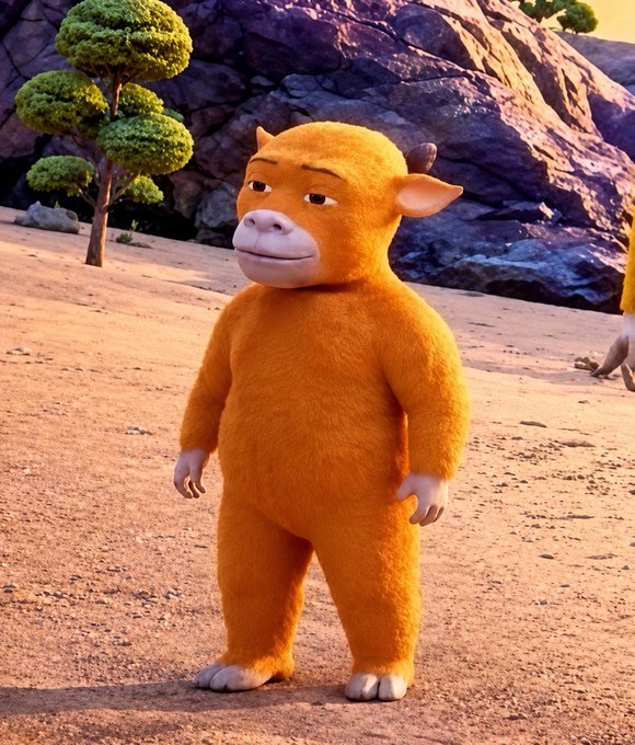 A 3D-animated orange, furry cow-like character stands on a sandy desert ground in front of rocky cliffs and a small green tree.