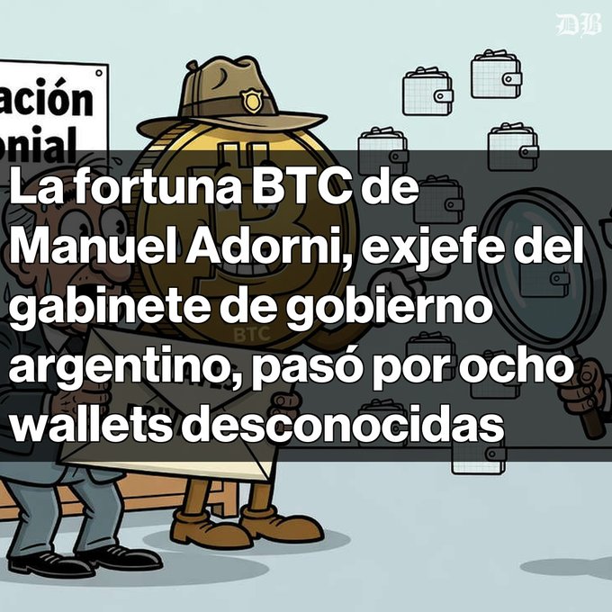 A cartoon illustration of a detective gold coin character with a magnifying glass, featuring Spanish text reading "La fortuna BTC de Manuel Adorni, exjefe del gabinete de gobierno argentino, pasó por ocho wallets desconocidas" about Manuel Adorni's BTC fortune passing through eight unknown wallets.