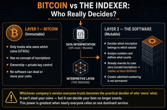 An infographic titled 'BITCOIN vs THE INDEXER: Who Really Decides?' comparing Layer 1 Bitcoin's immutability with Layer 2 software's mutability.