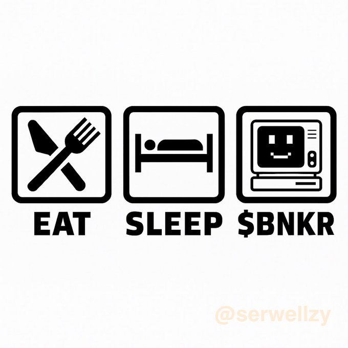Black and white graphic with three icons reading 'EAT' (utensils), 'SLEEP' (bed), and '$BNKR' (computer), credited to @serwellzy.