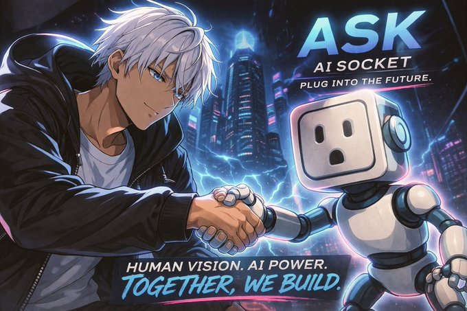 The image features a man and a robot shaking hands against a city skyline backdrop, with the text "ASK" written above them. The scene suggests that they are working together or collaborating towards a common goal.