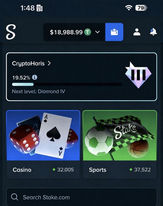 The image shows a Stake.com mobile dashboard displaying a balance of $18,988.99 in the account "CryptoHaris," which is 19.52% toward the Diamond IV VIP level, with quick access tiles for Casino (32,005 players) and Sports (37,522 players). This screenshot illustrates the kind of account status and balance a user could have on Stake, supporting the giveaway post that promises $1,000 in tips ($100 each to 10 people) to commenters sharing their Stake usernames.