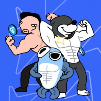 Cartoon illustration featuring three muscular characters and a shark-like figure posing together on a blue background with geometric shapes.