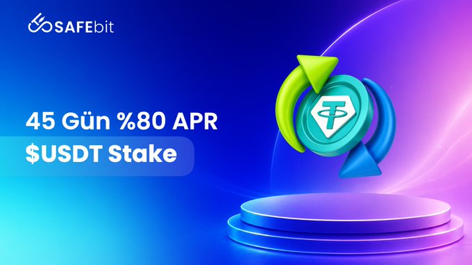The image is a promotional graphic for SAFEbit, featuring a stylized USDT (Tether) coin with a 3D circular arrow design on a blue-to-purple gradient background, with text reading "45 Gün %80 APR $USDT Stake" advertising the 80% APR staking offer.