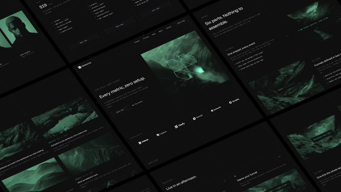 A dark-themed website design portfolio mockup showing multiple overlapping screens with green-tinted imagery, featuring text like "Every metric, zero setup," "Six_perts. Nothing to advertise," and "Live in the substratum."