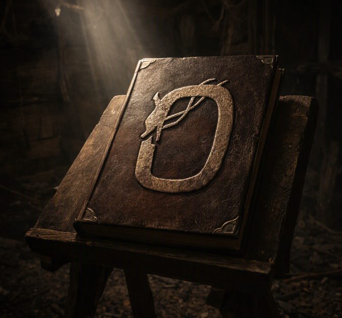 An ornate ancient book with a weathered leather cover, embossed with a glowing letter 'D', displayed on a wooden stand in a dimly lit room with dramatic light rays.