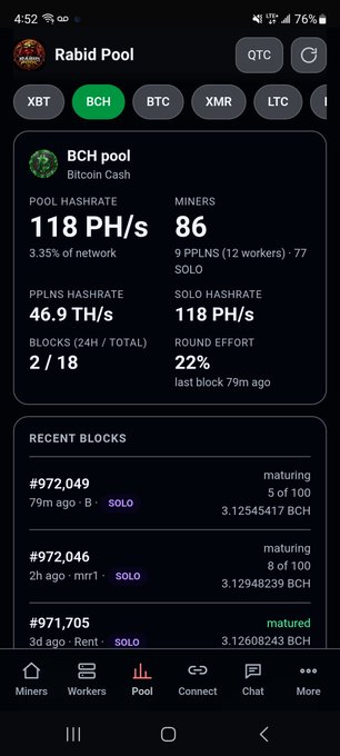 A screenshot of the Rabid Pool mining app showing the BCH pool statistics, including a pool hashrate of 118 PH/s, 86 miners, and recent solo blocks #972,049 and #972,046.
