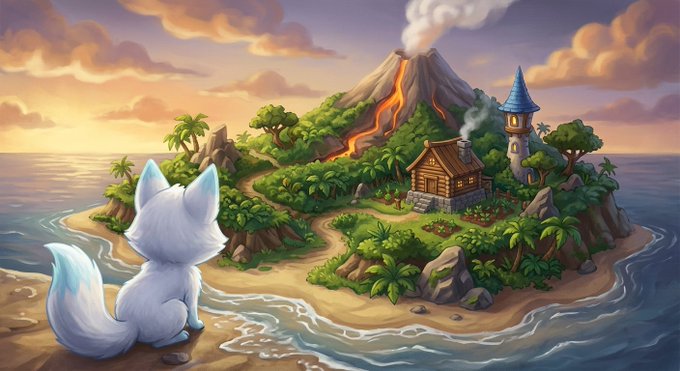 A fantasy illustration shows a white fox-like creature looking out at a tropical island with a wooden cabin, a blue wizard tower, and an erupting volcano in the background.