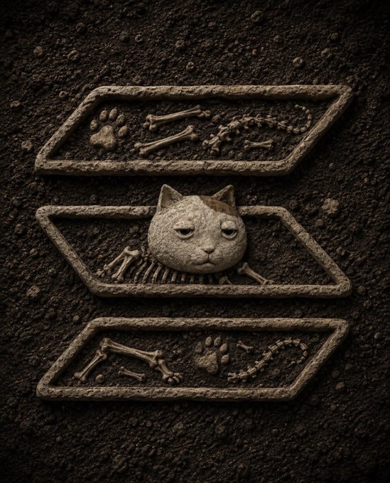 A dark, textured digital artwork shows three horizontal coffin-shaped compartments dug into soil, containing animal bones, paw prints, and a central ceramic-like cat face with a perpetually displeased expression.