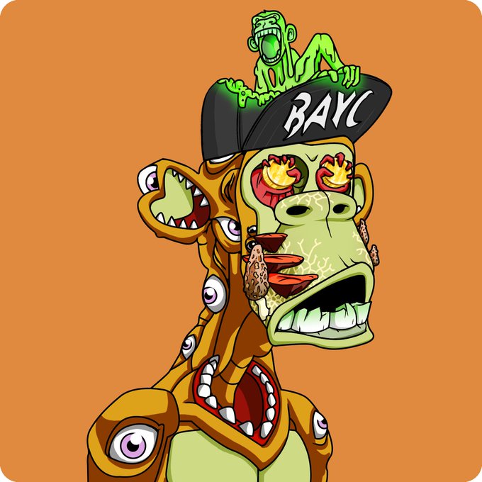 An illustration of a Bored Ape Yacht Club (BAYC) NFT character wearing a cap with a smaller green ape on top, set against an orange background.