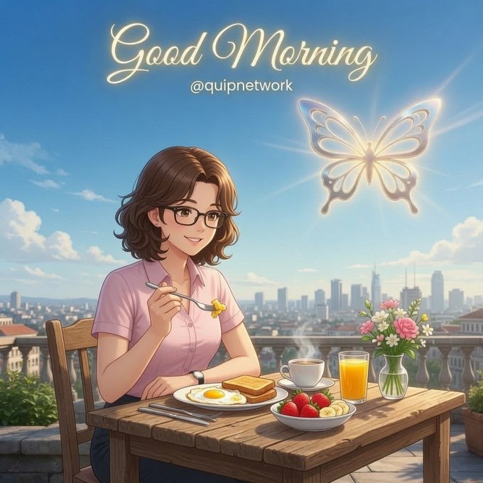An anime-style illustration with the text 'Good Morning @quipnetwork' showing a woman with glasses eating breakfast at an outdoor table with a butterfly and city skyline in the background.