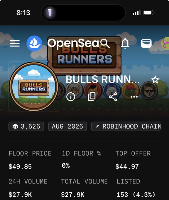 A screenshot of the OpenSea NFT marketplace page for the "Bulls Run Runners" collection, showing 3,526 items with a floor price of $49.85, a top offer of $44.97, and a 24-hour volume of $27.9K on the Robinhood Chain. The image supports the post by visually confirming the collection's current market value, showing that the free mint (mentioned in the caption) is now trading at approximately $47-$50 per NFT.