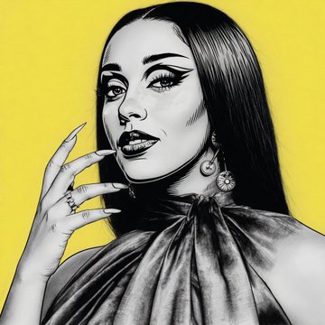 The image features a black and white portrait of a woman with long hair, wearing a dress or gown. She has her hand placed on her chin while looking off into the distance. The background color is yellow, which contrasts with the monochrome style of the drawing. The caption at the bottom of the image reads "Where celebrity culture meets digital immortality".