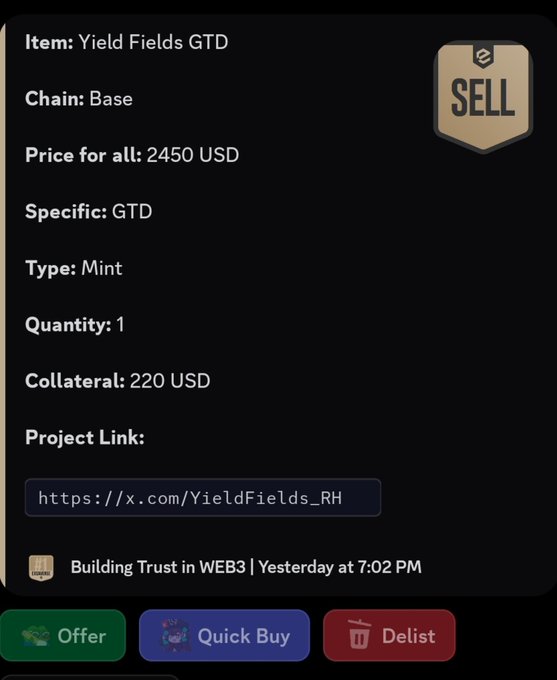 A marketplace listing for a "Yield Fields GTD" mint on the Base chain is shown for sale at 2450 USD with 220 USD collateral, corroborating the post's claim that demand for a spot is reaching ~2.5k.