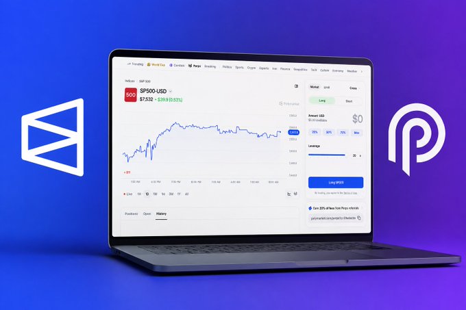 A laptop displaying a financial trading chart for 'SP500.USD' on what appears to be Paybis, set against a blue and purple gradient background with cryptocurrency symbols.