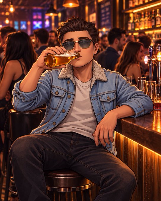 A stylized illustration of a young man wearing sunglasses, a denim jacket with a shearling collar, and a white t-shirt, sitting at a bar and drinking from a bottle of beer.
