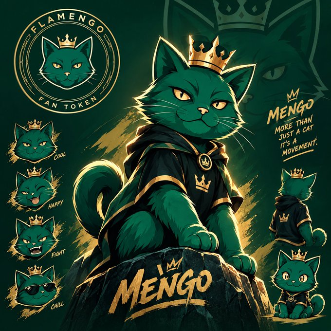 Flamengo Fan Token artwork featuring a green cat character named 'Mengo' wearing a crown and black cape, with emotion variants labeled 'Cool', 'Happy', 'Fight', and 'Chill', and the tagline 'More than just a cat it's a movement'.