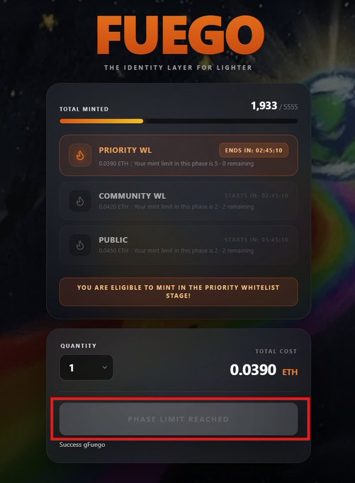 A screenshot of the FUEGO NFT minting interface shows a "Phase Limit Reached" message after the user successfully minted at the priority whitelist stage for 0.0390 ETH, with 1,933/5555 total minted. The "Success g/fuego" notification confirms the transaction completed, aligning with the post's excitement about maxing out their mint for the culture.