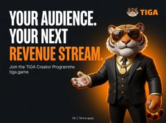 A promotional banner for the TIGA Creator Program with text 'YOUR AUDIENCE. YOUR NEXT REVENUE STREAM.' featuring a 3D animated tiger mascot wearing a black suit and sunglasses, giving a thumbs up.